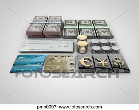 A pile of money, checks, credit cards, and coins, View Large Illustration Stock Illustration - A pile of money, checks, credit cards, and coins,. Fotosearch