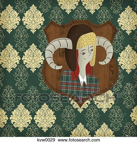 Stock Illustration - A plaque of a girl with ram horns hanging on a wall. Fotosearch