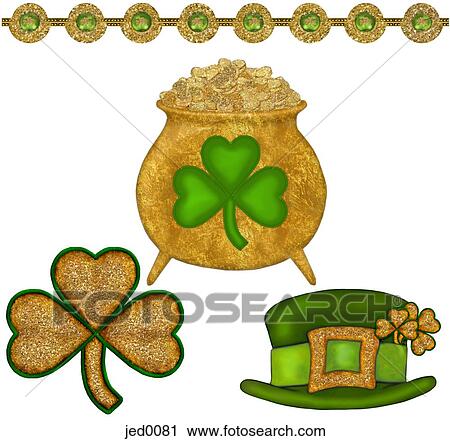 Clip Art - A pot of gold, three leaf clovers, and a green leprechaun hat. Fotosearch
