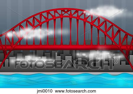 A red bridge over water View Large Illustration Clipart - A red bridge over water. Fotosearch