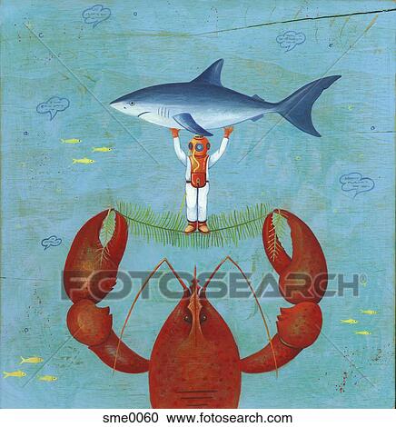 A scuba diver holding up a shark while perched on a lobster View Large Illustration Clipart - A scuba diver holding up a shark while perched on a lobster. Fotosearch