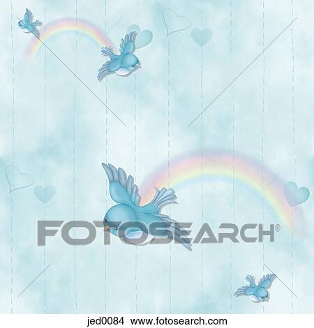Stock Illustration - A seamless tile of blue birds and rainbows. Fotosearch