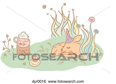 A sleeping deer outside near a cupcake and a pitcher View Large Illustration Stock Illustration - A sleeping deer outside near a cupcake and a pitcher. Fotosearch