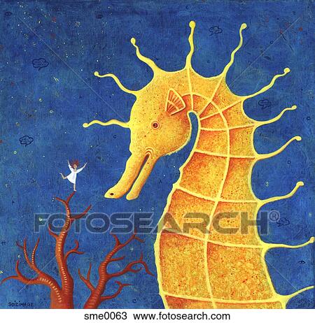 A small person looking up at a seahorse View Large Illustration Drawing - A small person looking up at a seahorse. Fotosearch
