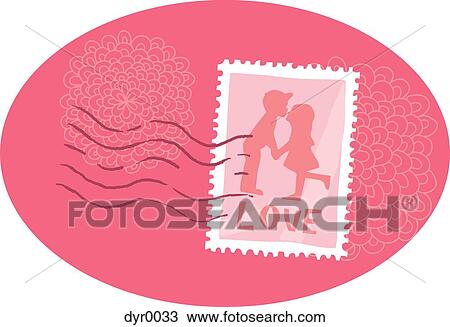 A stamp showing two kids kissing against white background View Large Illustration Drawing - A stamp showing two kids kissing against white background. Fotosearch