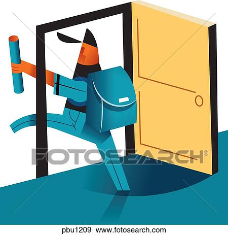 A student walking through a door holding a document View Large Illustration Stock Illustration - A student walking through a door holding a document. Fotosearch