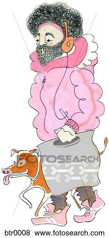 A watercolor painting of a bearded man walking his dog while listening to music View Large Illustration Stock Illustration - A watercolor painting of a bearded man walking his dog while listening to music. Fotosearch