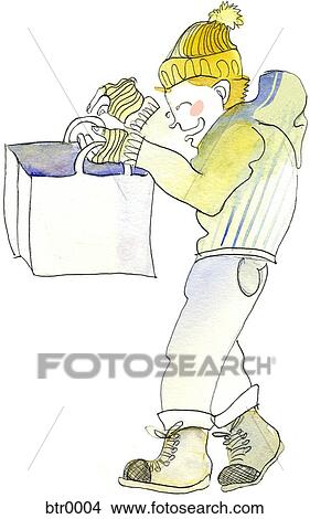 A watercolor painting of a man looking through a shopping bag View Large Illustration Stock Illustration - A watercolor painting of a man looking through a shopping bag. Fotosearch