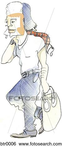 Stock Illustration - A watercolor painting of a man wearing a winter hat and holding a bag. Fotosearch