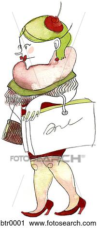 A watercolor painting of a woman carrying a shopping bag View Large Illustration Clip Art - A watercolor painting of a woman carrying a shopping bag. Fotosearch