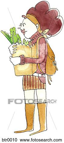 Clipart - A watercolor painting of a woman holding a bag of groceries. Fotosearch