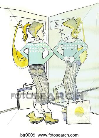 A watercolor painting of a woman in a changing room trying on a pair of jeans View Large Illustration Stock Illustration - A watercolor painting of a woman in a changing room trying on a pair of jeans. Fotosearch