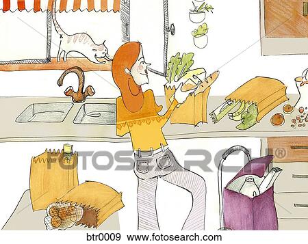 Stock Illustration - A watercolor painting of a woman unpacking groceries in her kitchen. Fotosearch