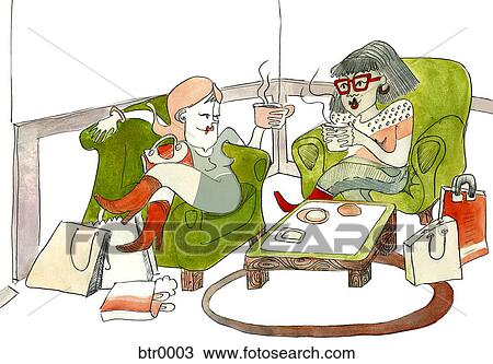 A watercolor painting of two women having coffee at a cafe View Large Illustration Drawing - A watercolor painting of two women having coffee at a cafe. Fotosearch