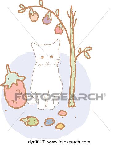 Stock Illustration - A white cat sitting underneath a tree against white background. Fotosearch