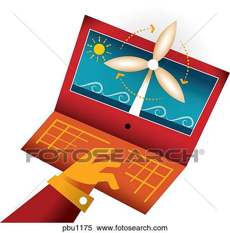 A wind turbine on the screen of a laptop View Large Illustration Stock Illustration - A wind turbine on the screen of a laptop. Fotosearch