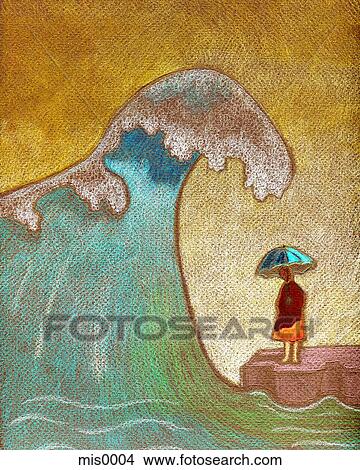 A woman holding an umbrella as a big ocean wave is coming toward her View Large Illustration Stock Illustration - A woman holding an umbrella as a big ocean wave is coming toward her. Fotosearch