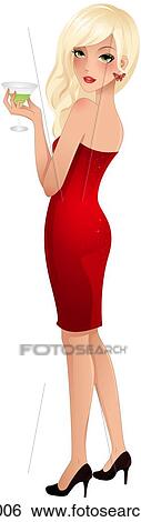 Stock Illustration - A woman in a strapless red dress holding a martini glass. Fotosearch