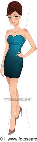 Clip Art - A woman in a strapless teal dress. Fotosearch