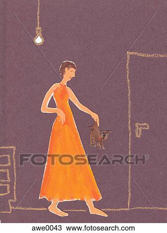Drawing - A woman picking up a cat by her back. Fotosearch
