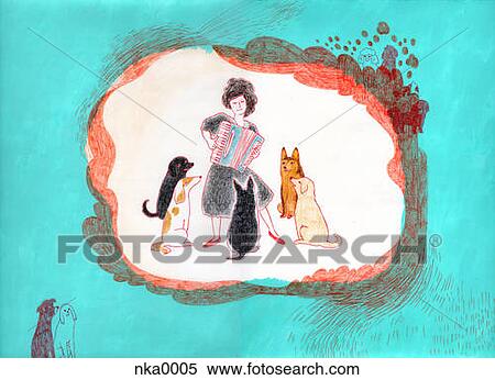 Stock Illustration - A woman playing music on her accordion for her dogs. Fotosearch