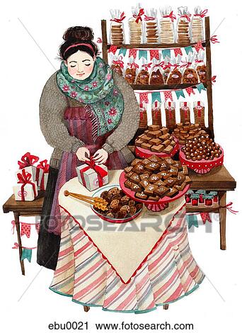 Clip Art - A woman selling baked goods. Fotosearch