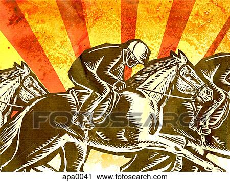 Clip Art - A woodcut style image of a horse race. Fotosearch