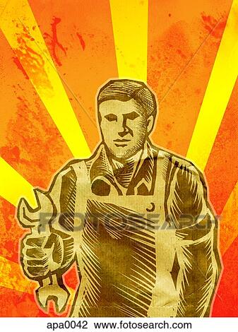 Drawing - A woodcut style image of a man holding a wrench. Fotosearch