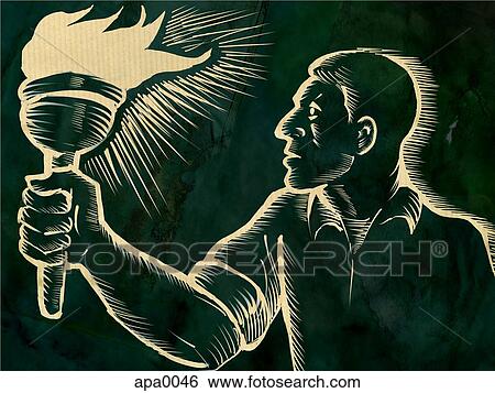 Stock Illustration - A woodcut style image of a man holding a torch. Fotosearch
