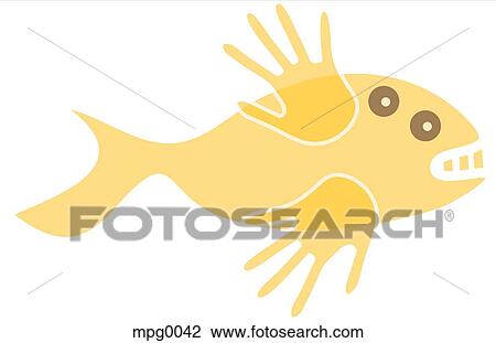 Drawing - A yellow fish with hands for fins. Fotosearch