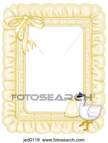 Stock Illustration - A yellow ruffled frame with a stork. Fotosearch