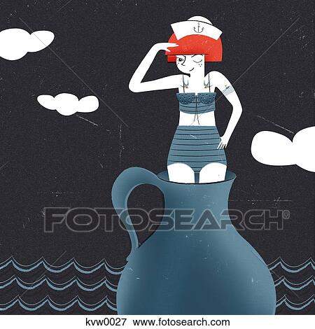 Stock Illustration - A young woman dressed as a sailor standing in a vessel. Fotosearch