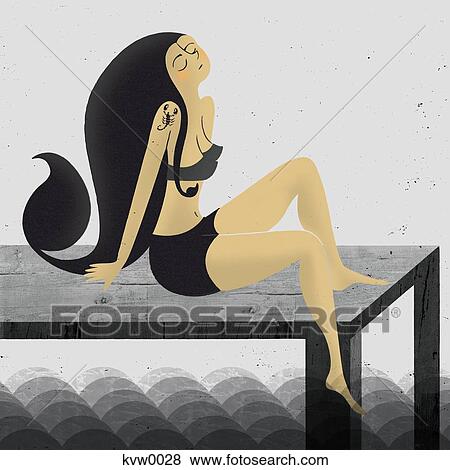 Stock Illustration - A young woman sitting on a dock with a scorpion tattoo. Fotosearch