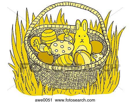 Clip Art - An Easter basket filled with eggs and a chocolate bunny. Fotosearch