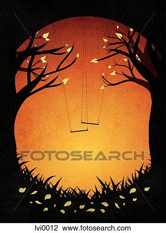 Drawing - An empty swing set against a sunset sky. Fotosearch