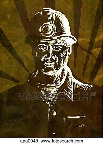 Stock Illustration - An etching of a coal miner. Fotosearch