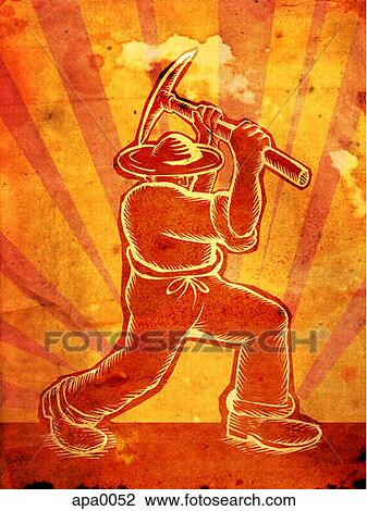 An etching of a farmer with a pick axe View Large Illustration Drawing - An etching of a farmer with a pick axe. Fotosearch