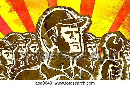 Stock Illustration - An etching of a group of construction workers. Fotosearch