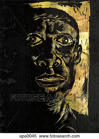 Stock Illustration - An etching of a sad man's face. Fotosearch