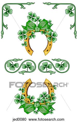 Clipart - An Irish-themed illustration with horseshoes and four leaf clovers. Fotosearch