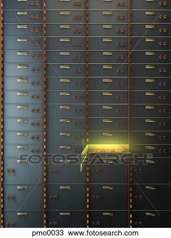 Drawing - An open safety deposit box containing gold. Fotosearch