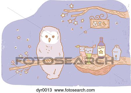 An owl perched on a branch next to alcohol View Large Illustration Drawing - An owl perched on a branch next to alcohol. Fotosearch