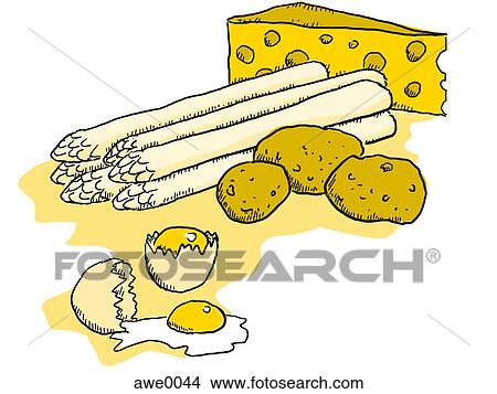 Stock Illustration - Asparagus, potatoes, cheese and eggs on white background. Fotosearch