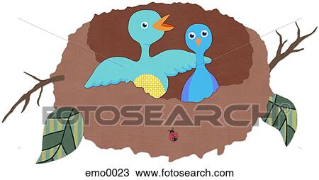 Drawing - Birds in a nest against white background. Fotosearch