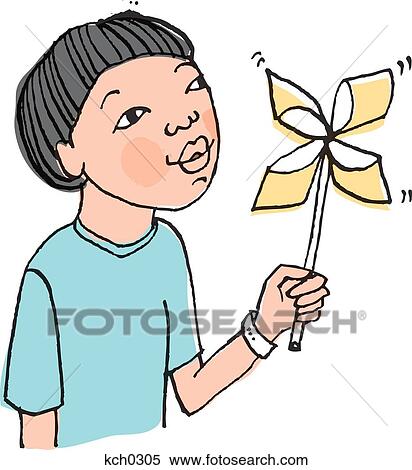 Boy blowing a pinwheel View Large Illustration Stock Illustration - Boy blowing a pinwheel. Fotosearch