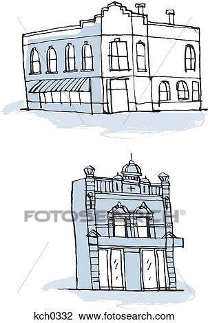 Drawing - Buildings against white background. Fotosearch