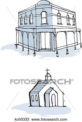 Drawing - Buildings against white background. Fotosearch