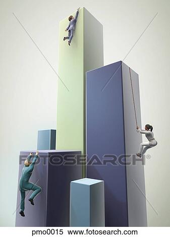 Stock Illustration - Business people climbing graphs in a bar. Fotosearch