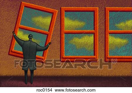 Stock Illustration - Businessman adjusting window. Fotosearch