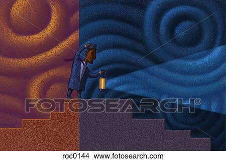 Stock Illustration - Businessman holding lantern on staircase. Fotosearch